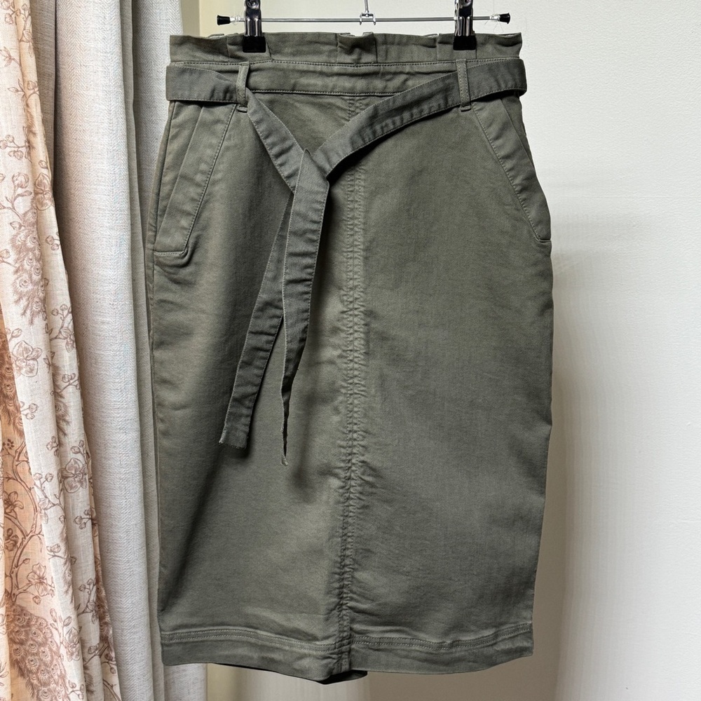 {Banana Republic} Army Green Paperbag Waist Midi Pencil Stretch Denim Skirt - Picture 6 of 6